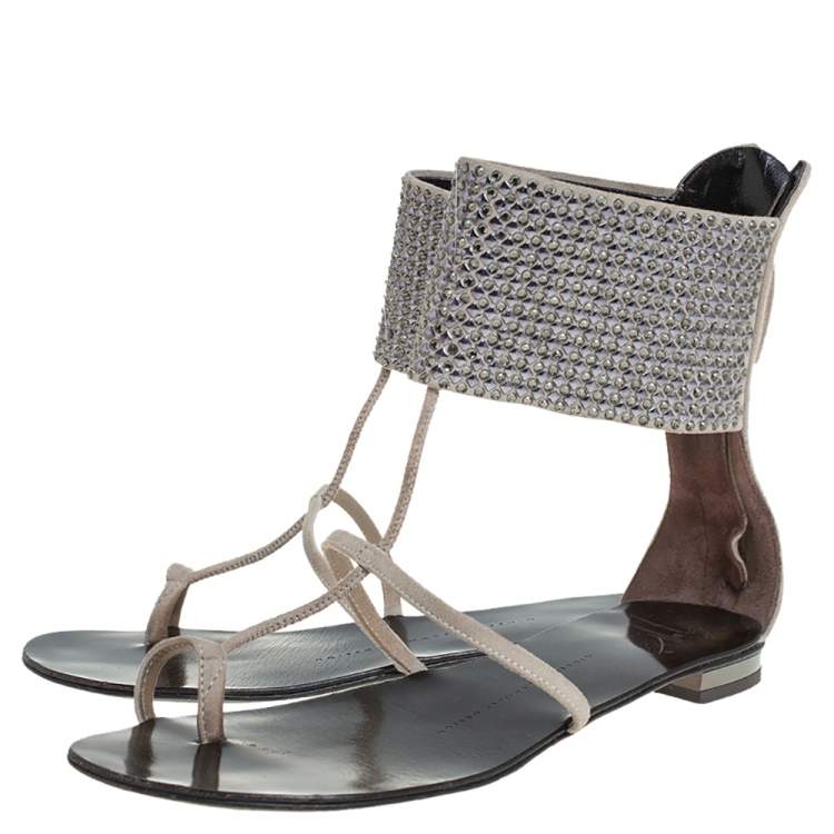 Pre Owned Giuseppe Zanotti Grey Suede Embellished Flat Ankle Cuff Sandals Size 36