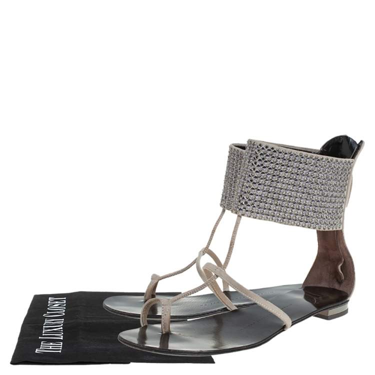 Pre Owned Giuseppe Zanotti Grey Suede Embellished Flat Ankle Cuff Sandals Size 36
