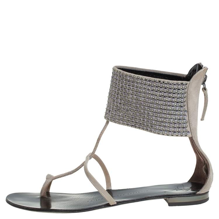 Giuseppe Zanotti Grey Suede Embellished Flat Ankle Cuff Sandals