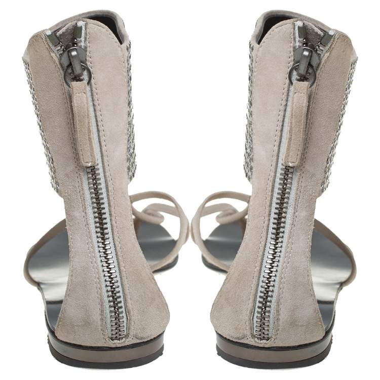 Pre Owned Giuseppe Zanotti Grey Suede Embellished Flat Ankle Cuff Sandals Size 36