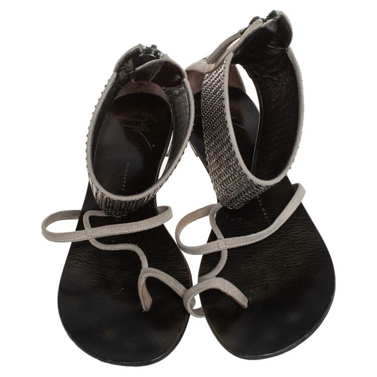 Pre Owned Giuseppe Zanotti Grey Suede Embellished Flat Ankle Cuff Sandals Size 36