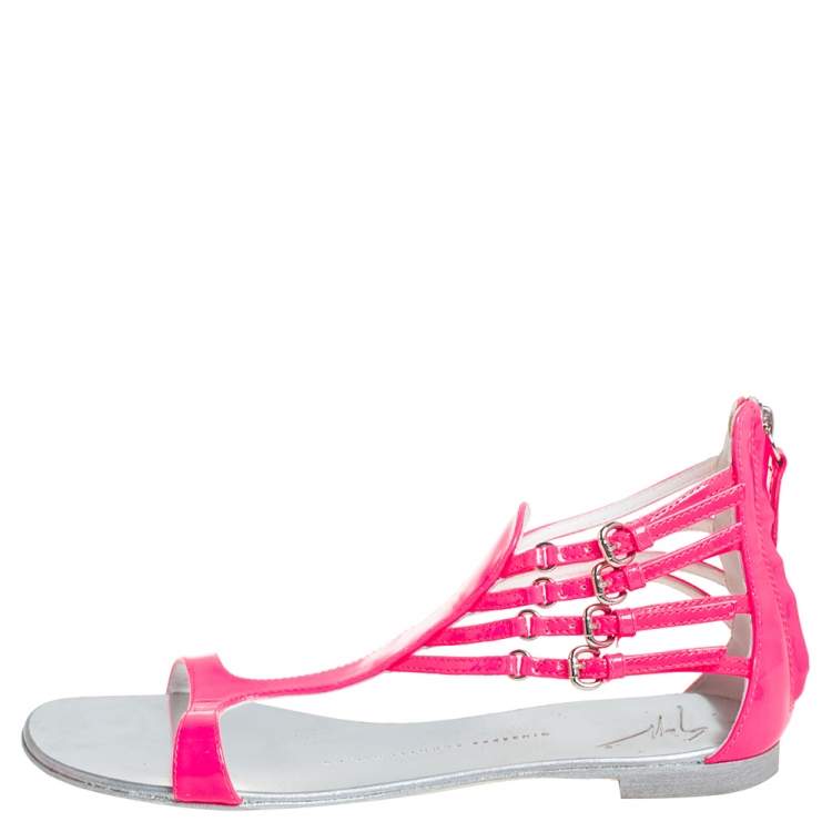 Pre Owned Giuseppe Zanotti Pink Patent Leather  T-strap Flat Sandals Size 36