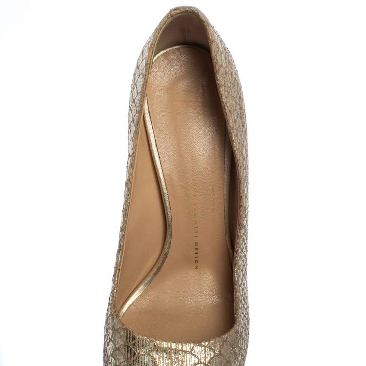 Pre Owned Giuseppe Zanotti Metallic Gold Python Embossed Leather Peep Toe Platform Pumps Size 39.5