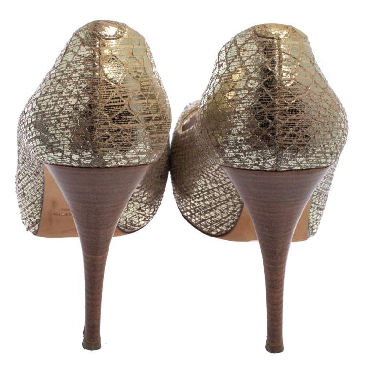Pre Owned Giuseppe Zanotti Metallic Gold Python Embossed Leather Peep Toe Platform Pumps Size 39.5
