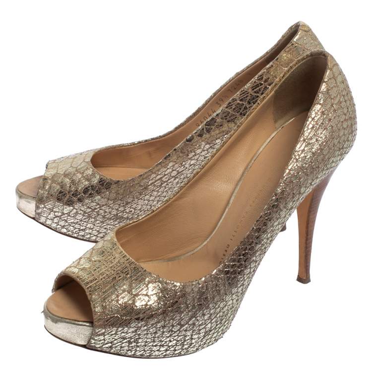 Pre Owned Giuseppe Zanotti Metallic Gold Python Embossed Leather Peep Toe Platform Pumps Size 39.5