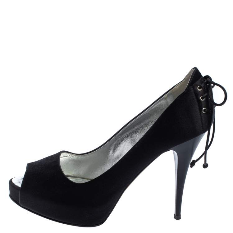 Pre Owned Giuseppe Zanotti Black Satin Peep Toe Knot Detailed Pumps Size 36.5