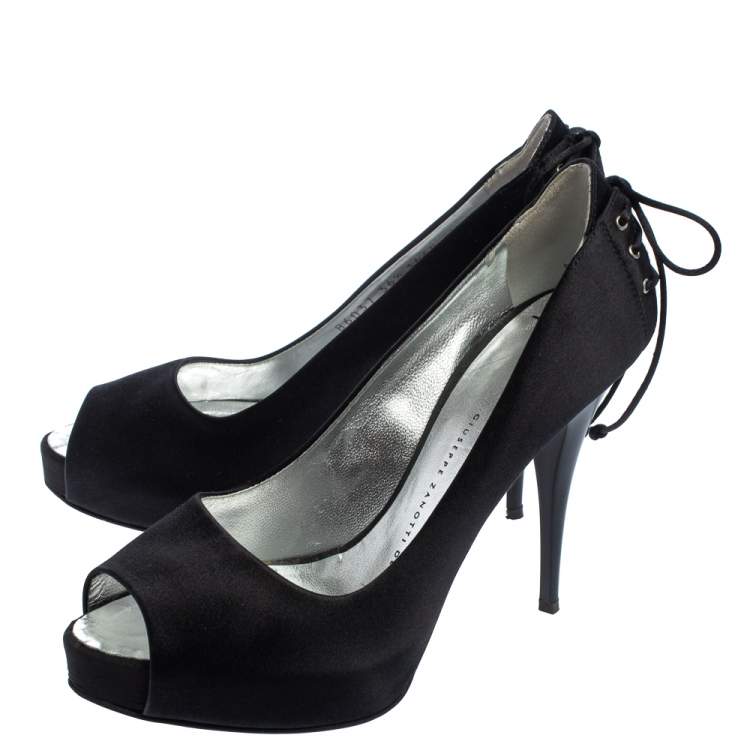 Pre Owned Giuseppe Zanotti Black Satin Peep Toe Knot Detailed Pumps Size 36.5