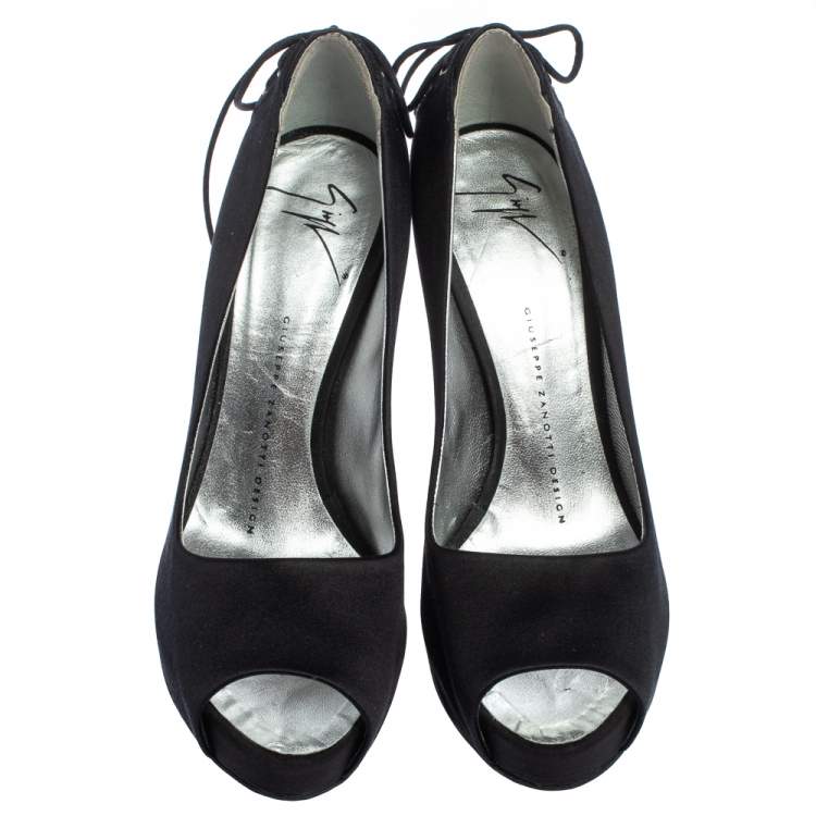 Pre Owned Giuseppe Zanotti Black Satin Peep Toe Knot Detailed Pumps Size 36.5