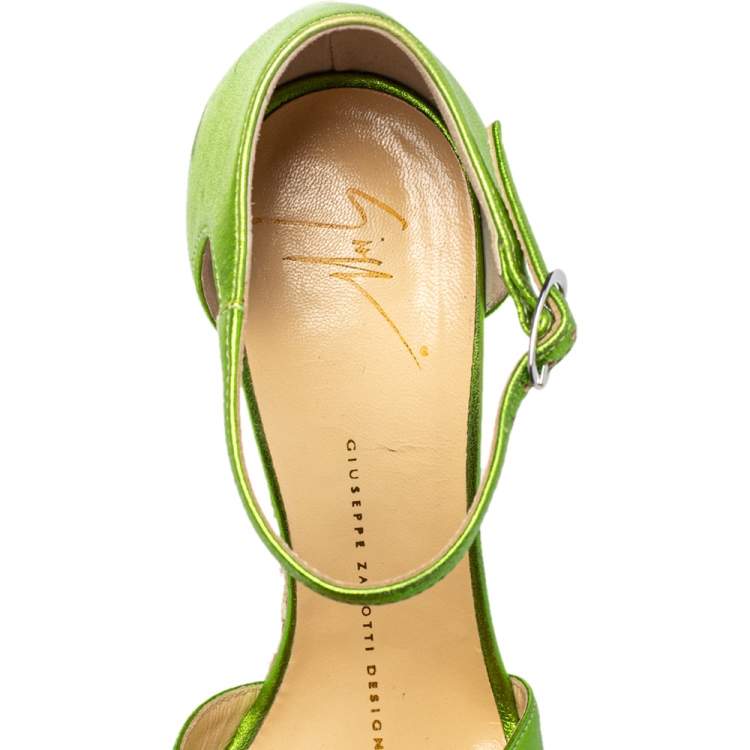Pre Owned Giuseppe Zanotti Metallic Green Leather Wedge Platform Ankle Strap Espadrilles Size 37