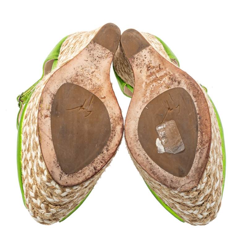 Pre Owned Giuseppe Zanotti Metallic Green Leather Wedge Platform Ankle Strap Espadrilles Size 37