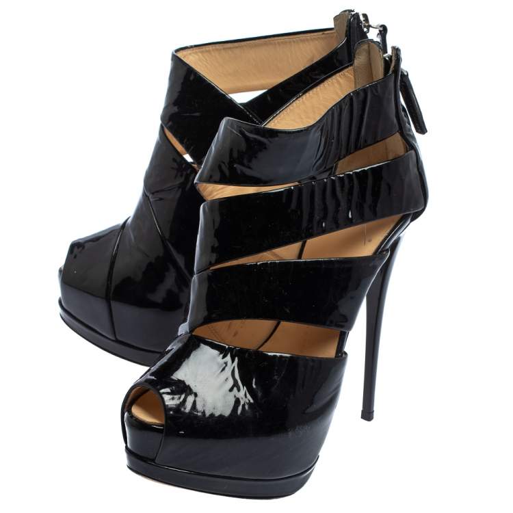 Pre Owned Giuseppe Zanotti Black Patent Leather Peep Toe Platform Ankle Boots Size 35 
