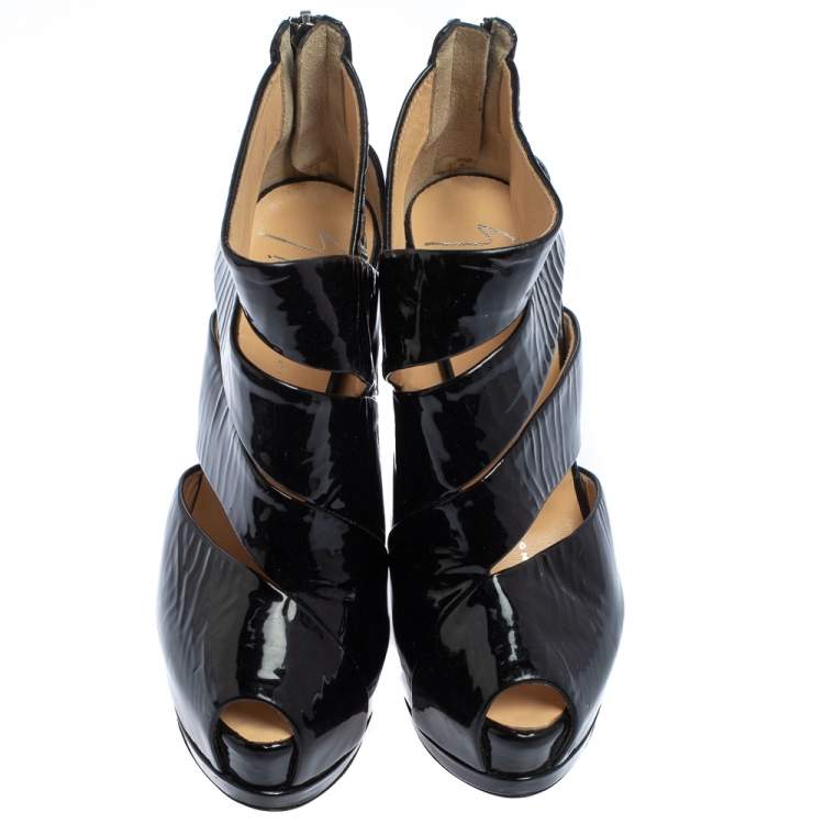 Pre Owned Giuseppe Zanotti Black Patent Leather Peep Toe Platform Ankle Boots Size 35 