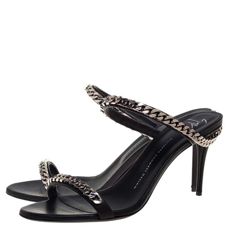 Pre Owned Giuseppe Zanotti Black Leather And Chain Embellishment Sandals Size 41