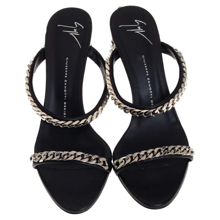 Pre Owned Giuseppe Zanotti Black Leather And Chain Embellishment Sandals Size 41