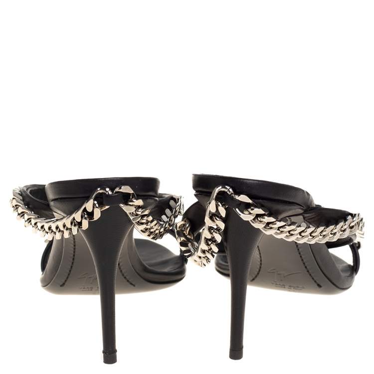 Pre Owned Giuseppe Zanotti Black Leather And Chain Embellishment Sandals Size 41
