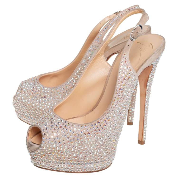 Pre Owned Giuseppe Zanotti Beige Suede Crystal Embellished Liza Peep Toe Platform Pumps Size 37.5
