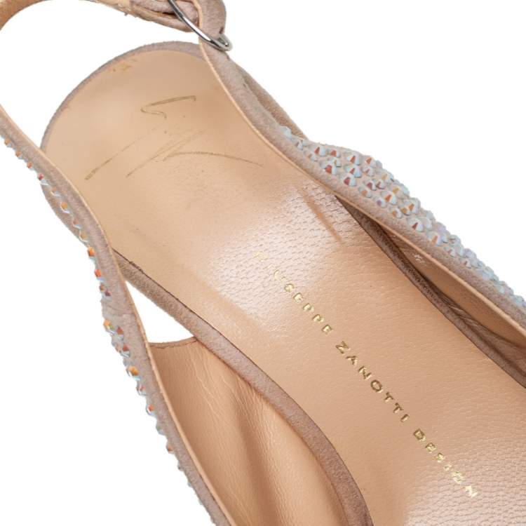 Pre Owned Giuseppe Zanotti Beige Suede Crystal Embellished Liza Peep Toe Platform Pumps Size 37.5