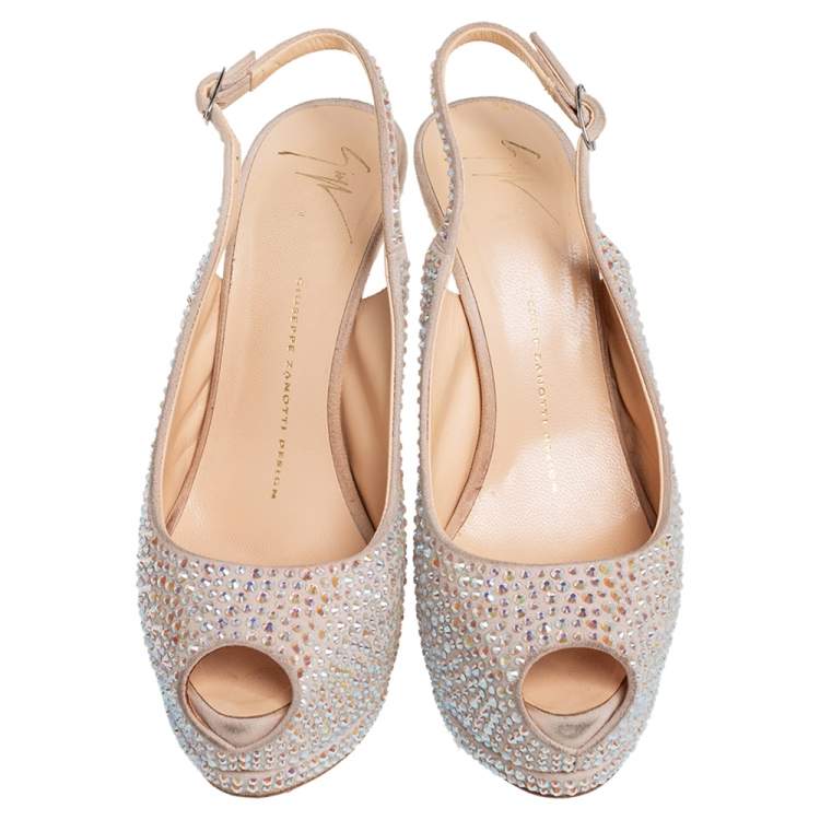 Pre Owned Giuseppe Zanotti Beige Suede Crystal Embellished Liza Peep Toe Platform Pumps Size 37.5