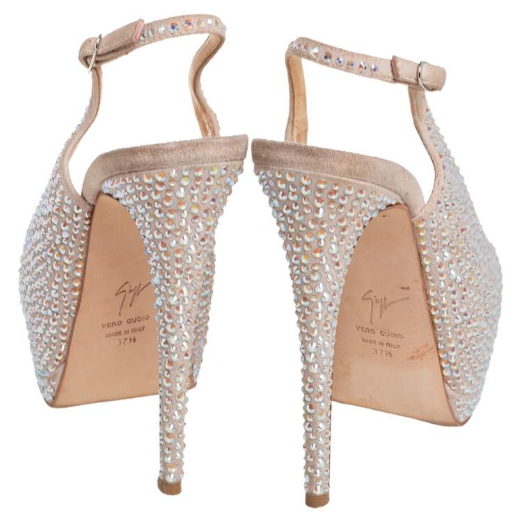 Pre Owned Giuseppe Zanotti Beige Suede Crystal Embellished Liza Peep Toe Platform Pumps Size 37.5