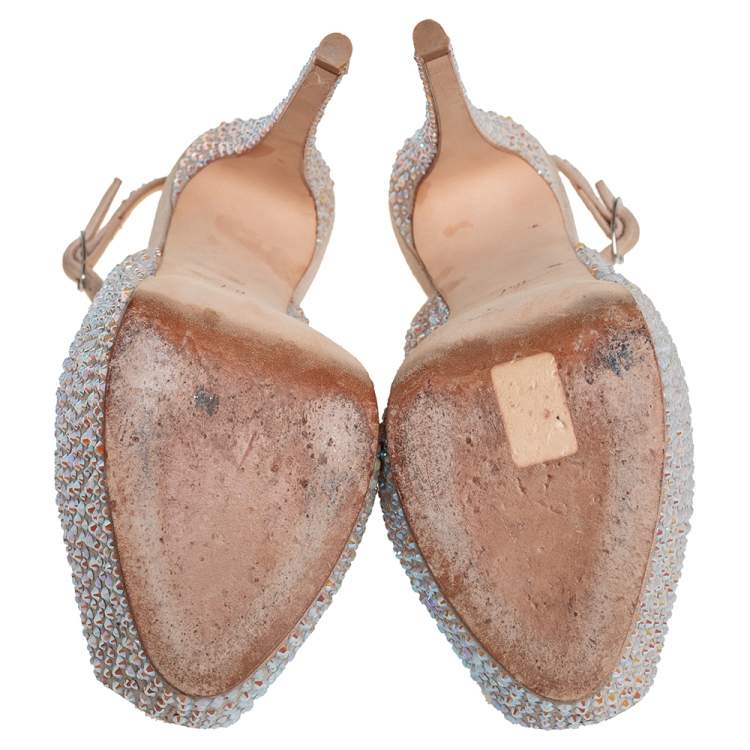 Pre Owned Giuseppe Zanotti Beige Suede Crystal Embellished Liza Peep Toe Platform Pumps Size 37.5