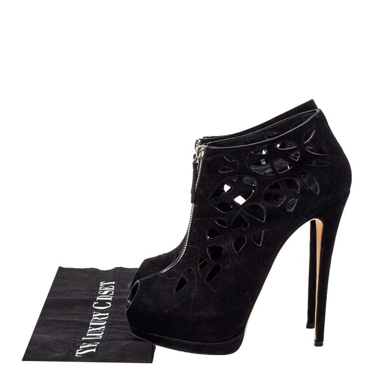 Pre Owned Giuseppe Zanotti Black Suede Peep Toe Front Zipper Detail Ankle Boots Size 40