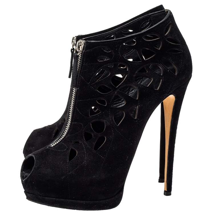 Pre Owned Giuseppe Zanotti Black Suede Peep Toe Front Zipper Detail Ankle Boots Size 40
