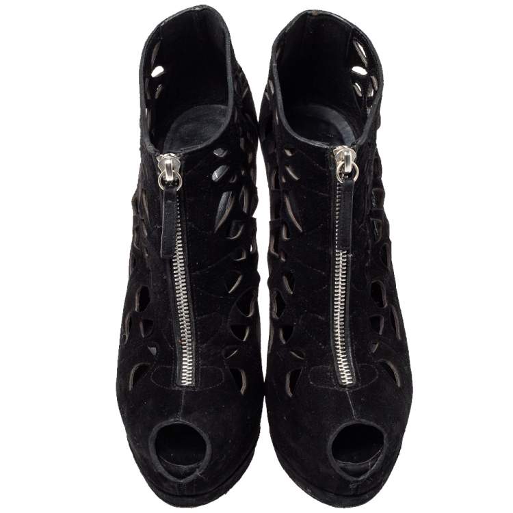 Pre Owned Giuseppe Zanotti Black Suede Peep Toe Front Zipper Detail Ankle Boots Size 40