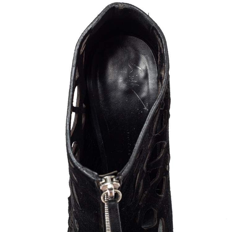 Pre Owned Giuseppe Zanotti Black Suede Peep Toe Front Zipper Detail Ankle Boots Size 40