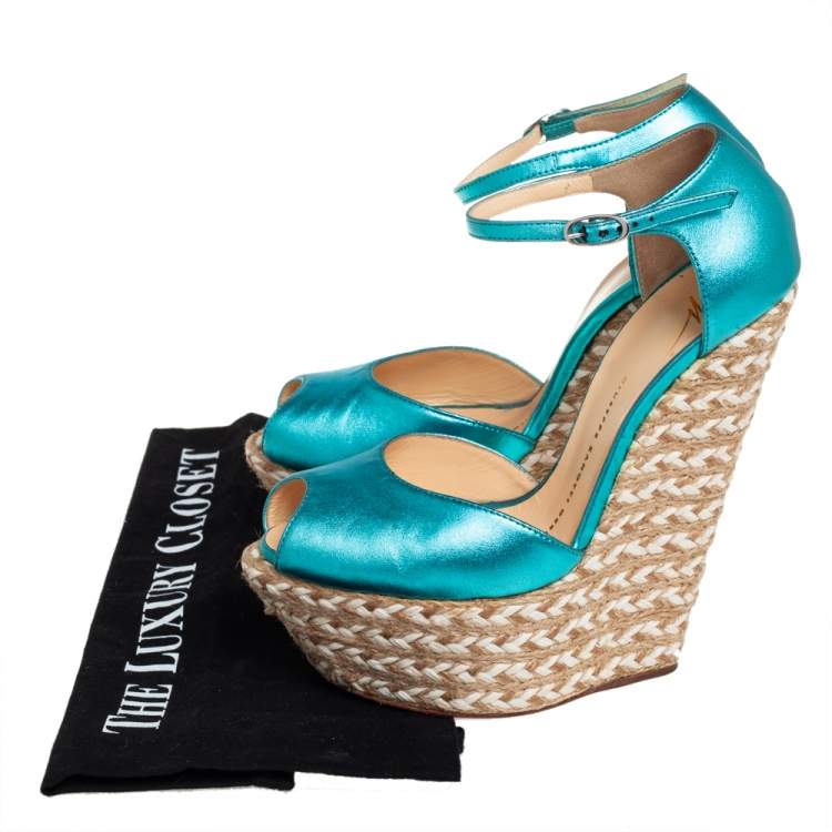 Pre Owned Giuseppe Zanotti Metallic Blue Leather Peep Toe Wedge Sandals Size 36 