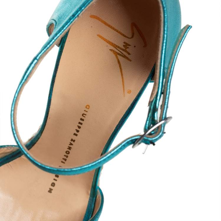 Pre Owned Giuseppe Zanotti Metallic Blue Leather Peep Toe Wedge Sandals Size 36 