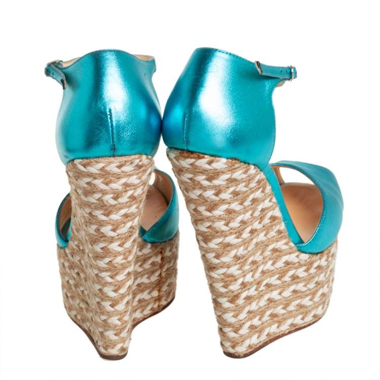 Pre Owned Giuseppe Zanotti Metallic Blue Leather Peep Toe Wedge Sandals Size 36 