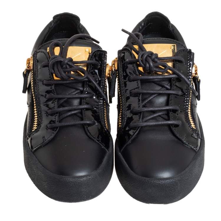 Pre Owned Giuseppe Zanotti Black Leather And Patent Leather Double Zipper Low Top Sneakers Size 36