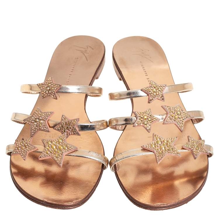 Pre Owned Giuseppe Zanotti Metallic Bronze Leather Star Slide Sandals Size 40