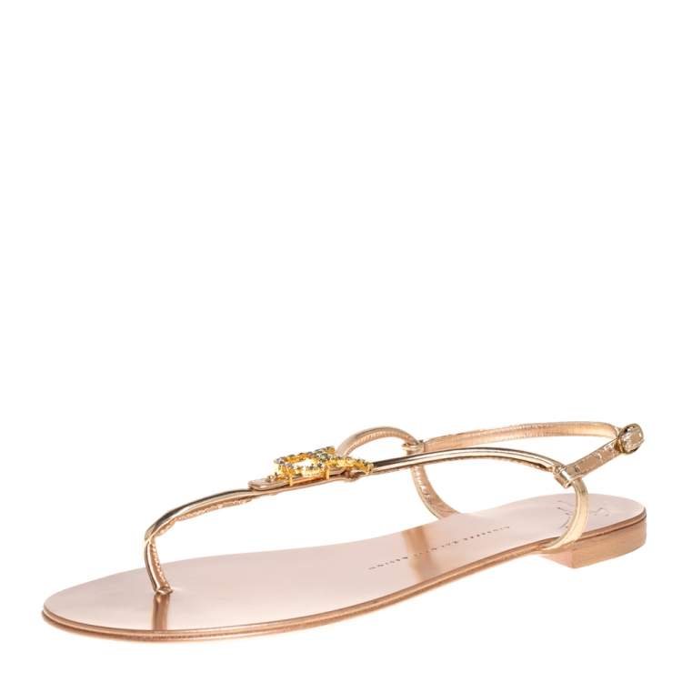 Giuseppe Zanotti Metallic Gold Leather Embellished Thong Flat