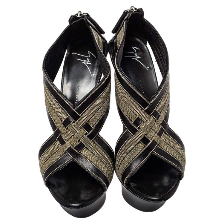 Pre Owned Giuseppe Zanotti Black Leather And Chain Crisscross Sandals Size 38
