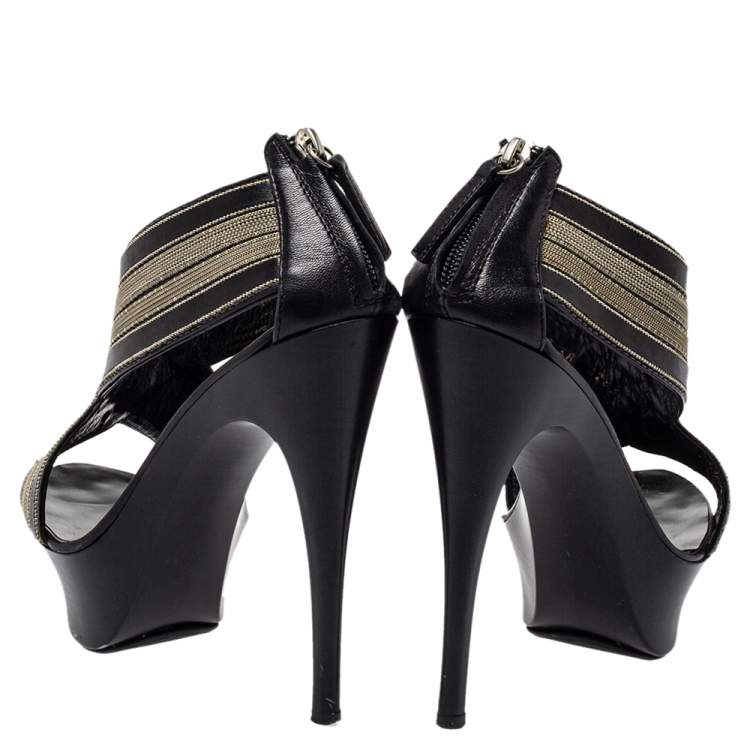 Pre Owned Giuseppe Zanotti Black Leather And Chain Crisscross Sandals Size 38