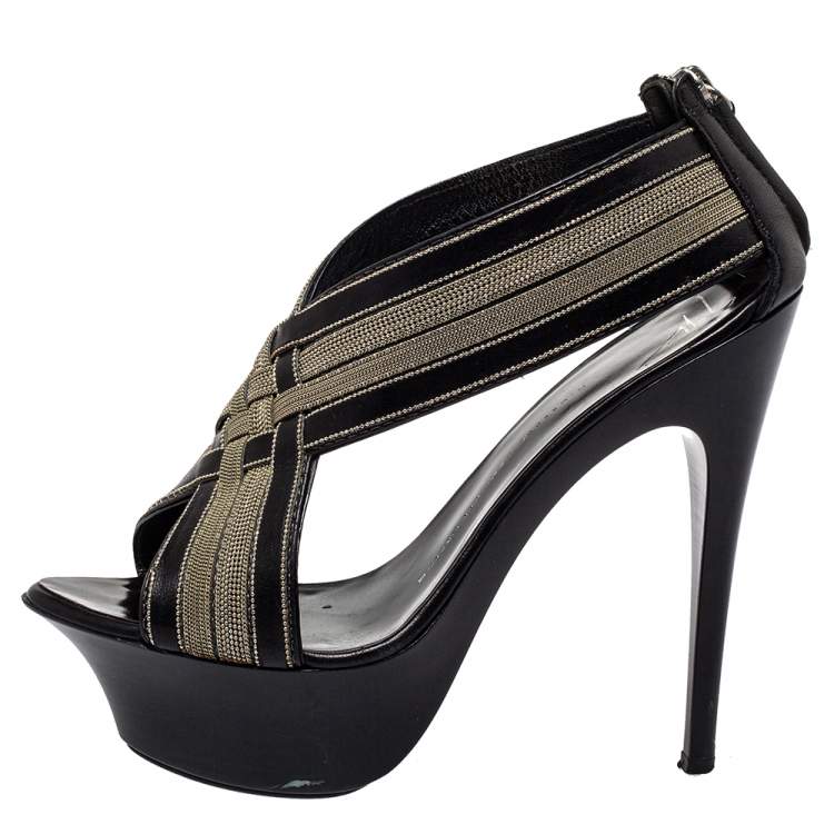 Pre Owned Giuseppe Zanotti Black Leather And Chain Crisscross Sandals Size 38