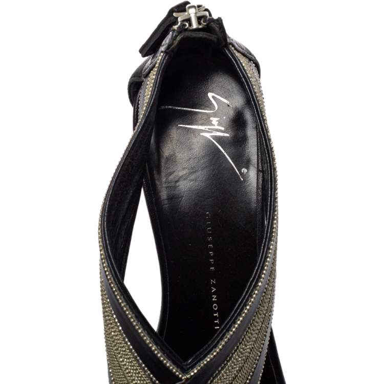 Pre Owned Giuseppe Zanotti Black Leather And Chain Crisscross Sandals Size 38
