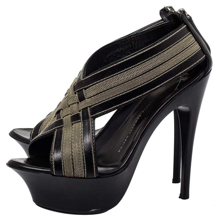 Pre Owned Giuseppe Zanotti Black Leather And Chain Crisscross Sandals Size 38