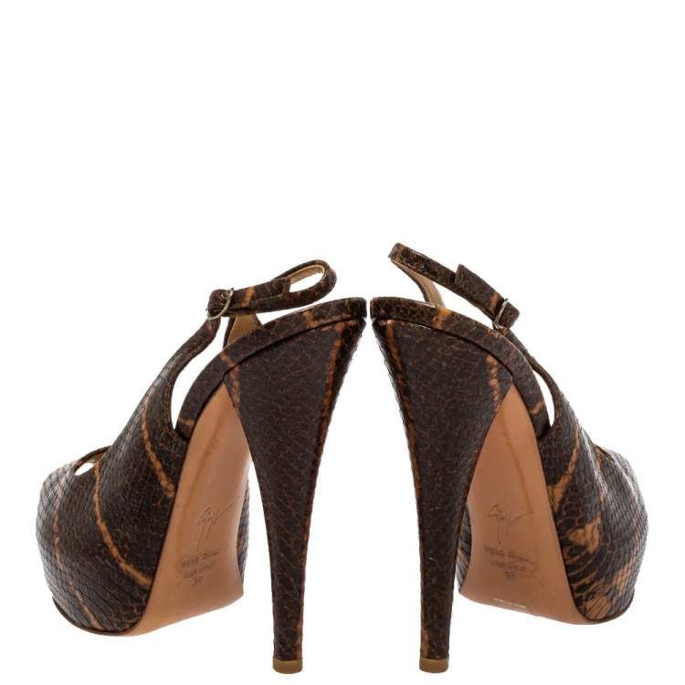 Pre Owned Giuseppe Zanotti Brown Python Embossed Leather Platform Peep Toe Slingback Sandals Size 37