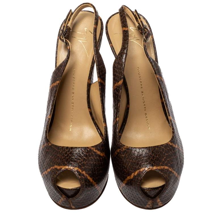 Pre Owned Giuseppe Zanotti Brown Python Embossed Leather Platform Peep Toe Slingback Sandals Size 37