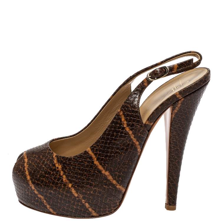 Pre Owned Giuseppe Zanotti Brown Python Embossed Leather Platform Peep Toe Slingback Sandals Size 37