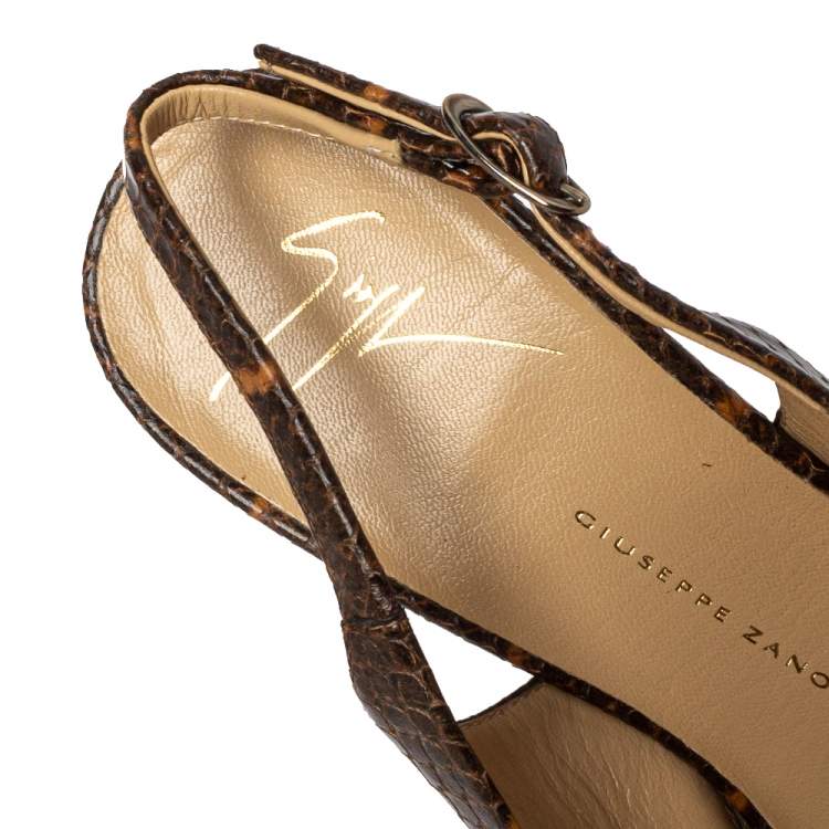 Pre Owned Giuseppe Zanotti Brown Python Embossed Leather Platform Peep Toe Slingback Sandals Size 37