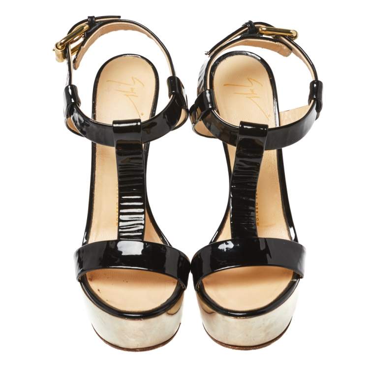 Pre Owned Giuseppe Zanotti Black Patent Leather T Strap Platform Heel Less Wedge Sandals Size 39