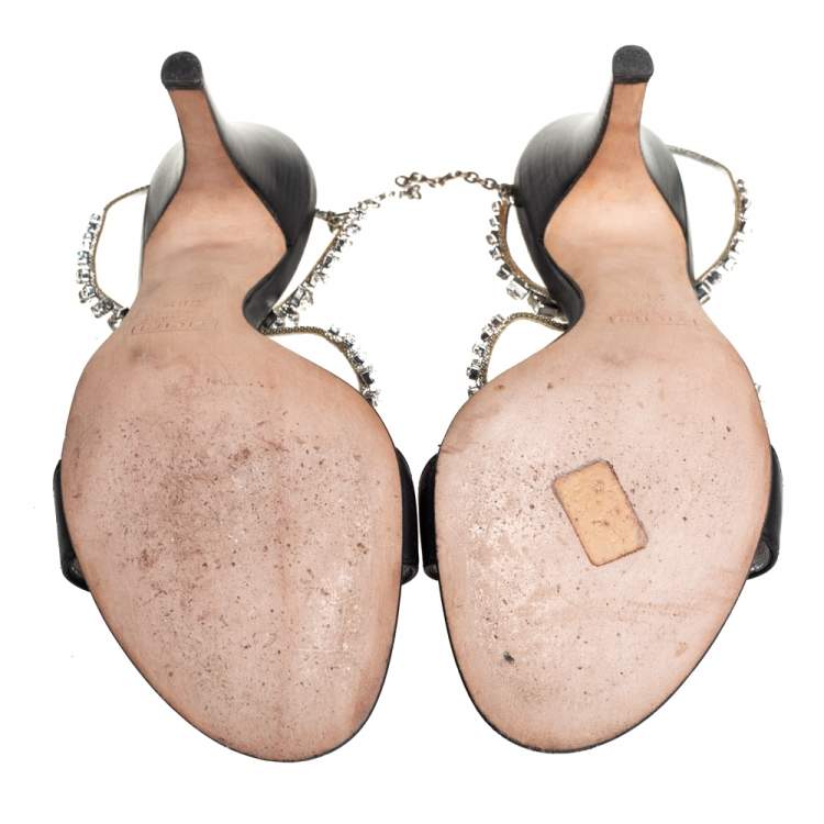 Pre Owned Giuseppe Zanotti Black Leather Crystal Embellished T Strap Sandals Size 38.5