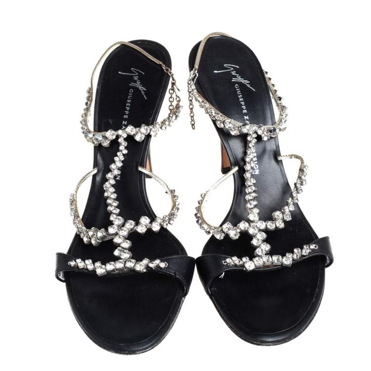 Pre Owned Giuseppe Zanotti Black Leather Crystal Embellished T Strap Sandals Size 38.5