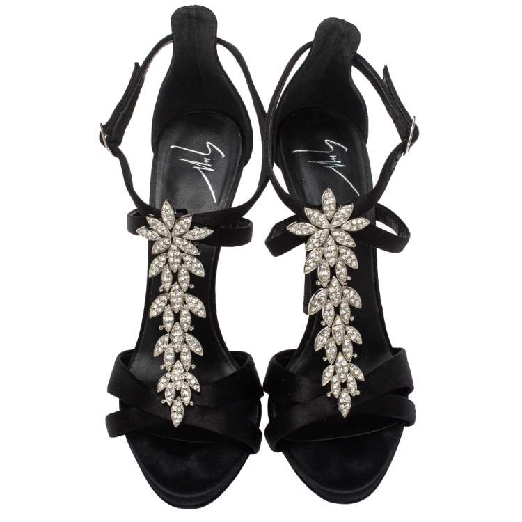 Pre Owned Giuseppe Zanotti Black Satin Crystal Embellished T-Strap Sandals Size 37.5