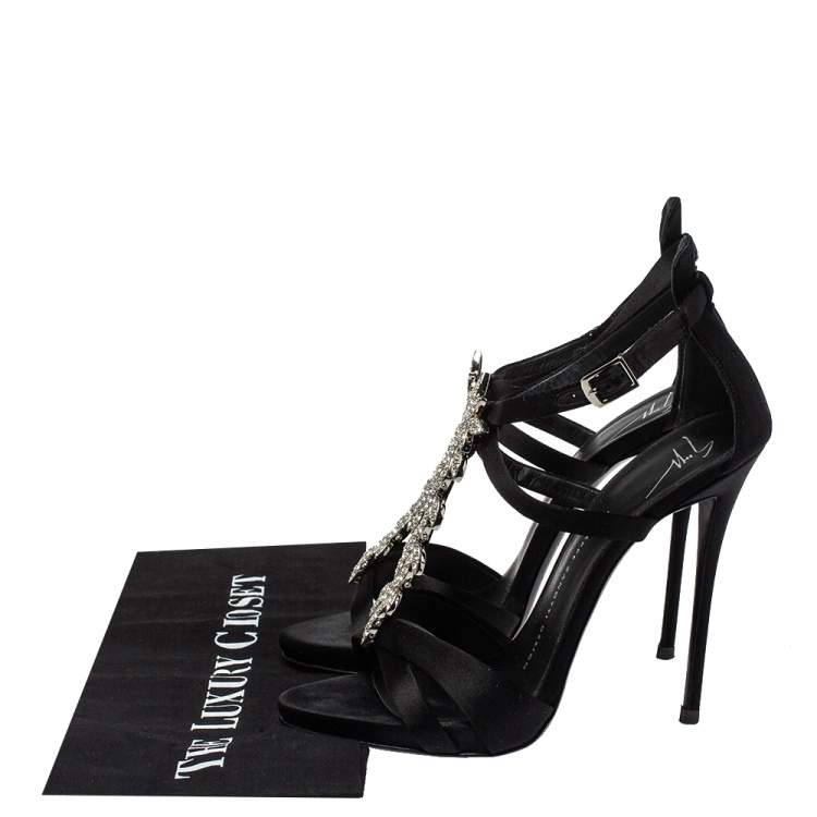 Pre Owned Giuseppe Zanotti Black Satin Crystal Embellished T-Strap Sandals Size 37.5