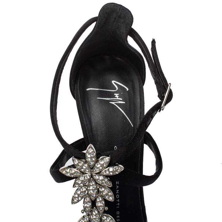 Pre Owned Giuseppe Zanotti Black Satin Crystal Embellished T-Strap Sandals Size 37.5
