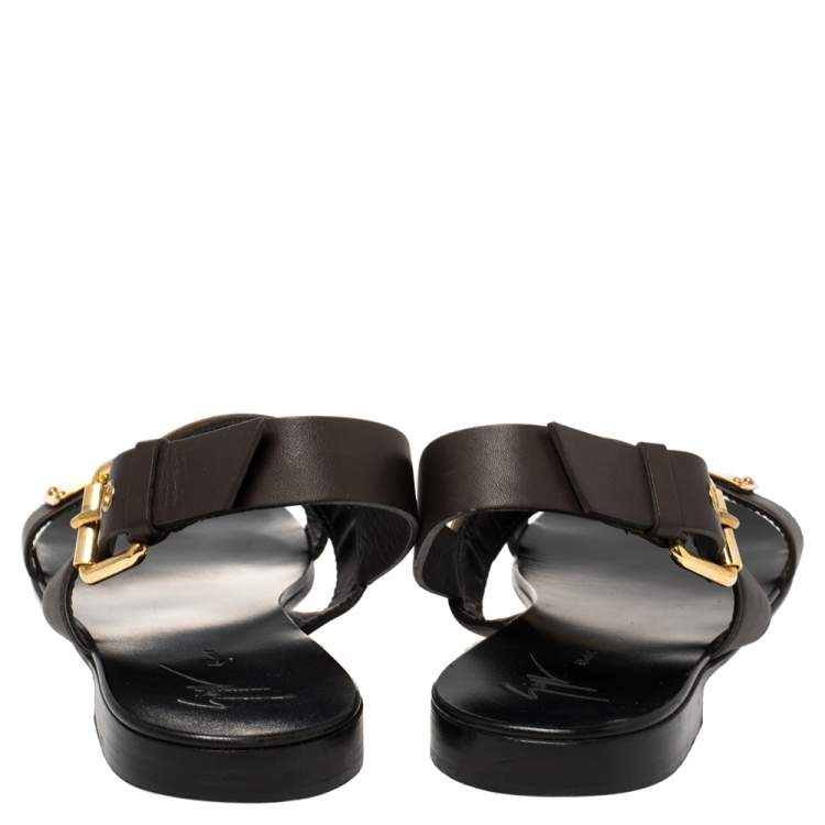 Pre Owned Giuseppe Zanotti Black Leather Jason Sling Buckle Flat Sandals Size 40